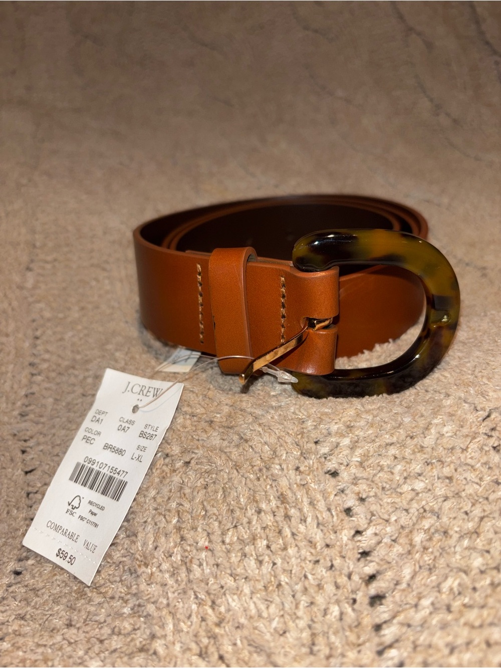 J.Crew Brown Leather Tortoise Shell Buckle Belt L-XL NWT